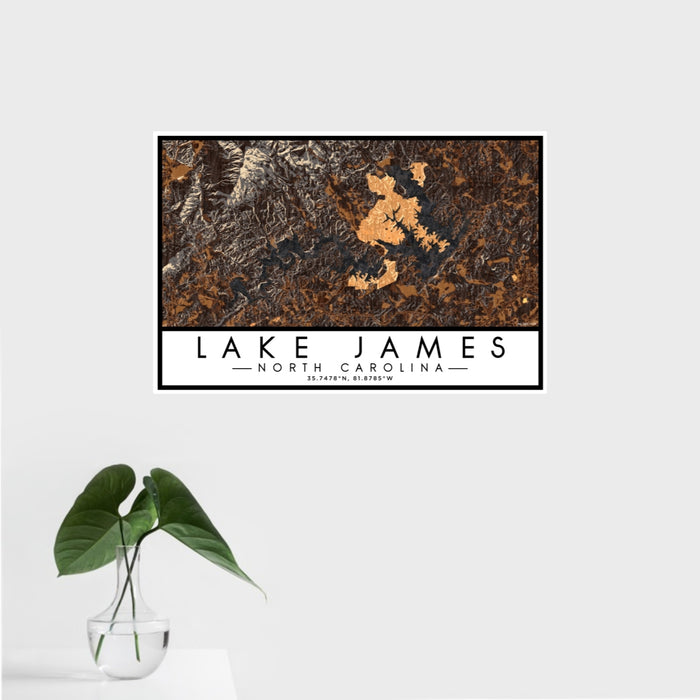16x24 Lake James North Carolina Map Print Landscape Orientation in Ember Style With Tropical Plant Leaves in Water