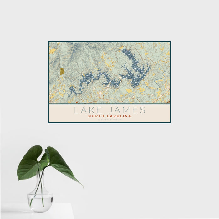 16x24 Lake James North Carolina Map Print Landscape Orientation in Woodblock Style With Tropical Plant Leaves in Water