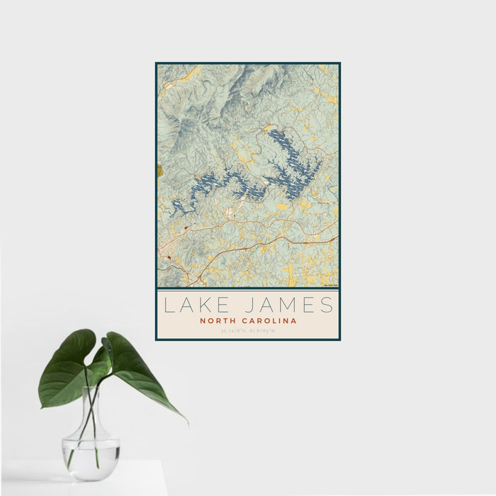 16x24 Lake James North Carolina Map Print Portrait Orientation in Woodblock Style With Tropical Plant Leaves in Water