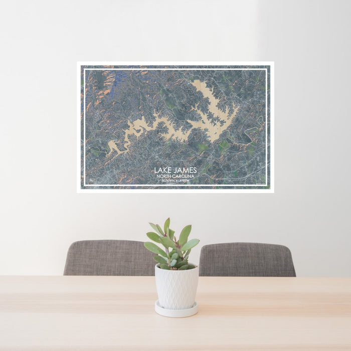 24x36 Lake James North Carolina Map Print Lanscape Orientation in Afternoon Style Behind 2 Chairs Table and Potted Plant