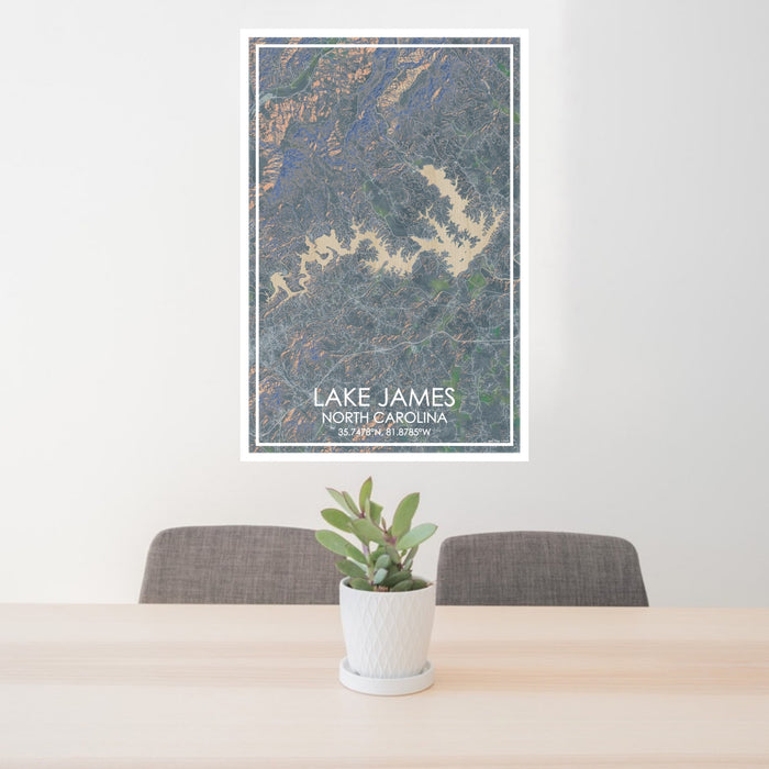 24x36 Lake James North Carolina Map Print Portrait Orientation in Afternoon Style Behind 2 Chairs Table and Potted Plant