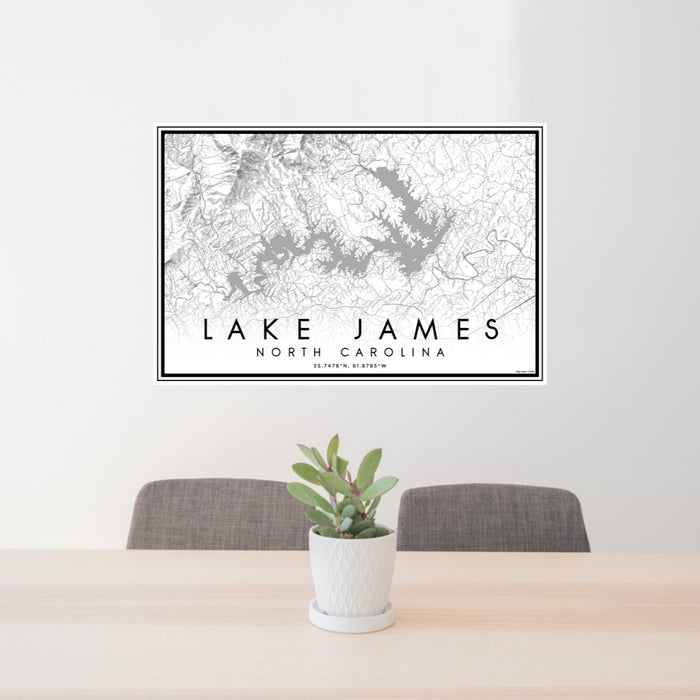 24x36 Lake James North Carolina Map Print Lanscape Orientation in Classic Style Behind 2 Chairs Table and Potted Plant