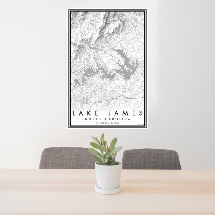 24x36 Lake James North Carolina Map Print Portrait Orientation in Classic Style Behind 2 Chairs Table and Potted Plant