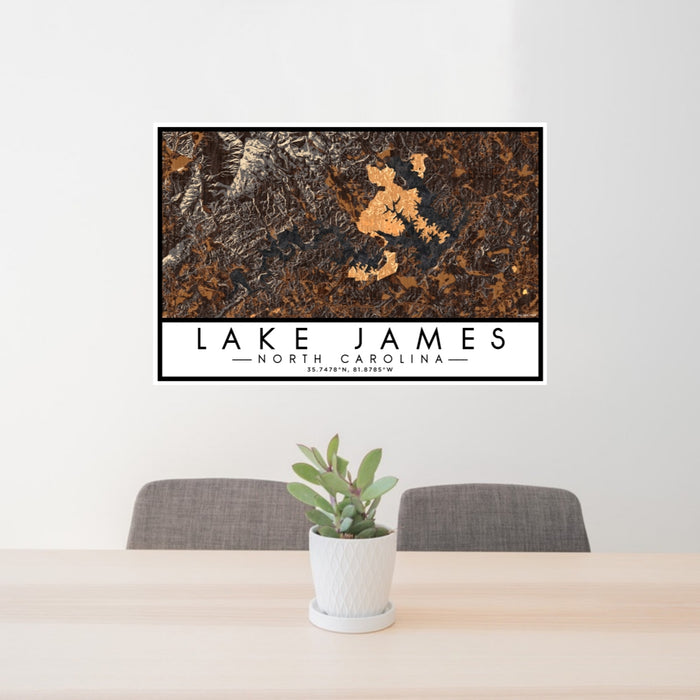 24x36 Lake James North Carolina Map Print Lanscape Orientation in Ember Style Behind 2 Chairs Table and Potted Plant