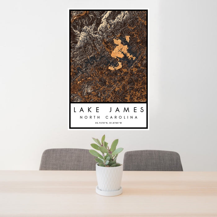 24x36 Lake James North Carolina Map Print Portrait Orientation in Ember Style Behind 2 Chairs Table and Potted Plant