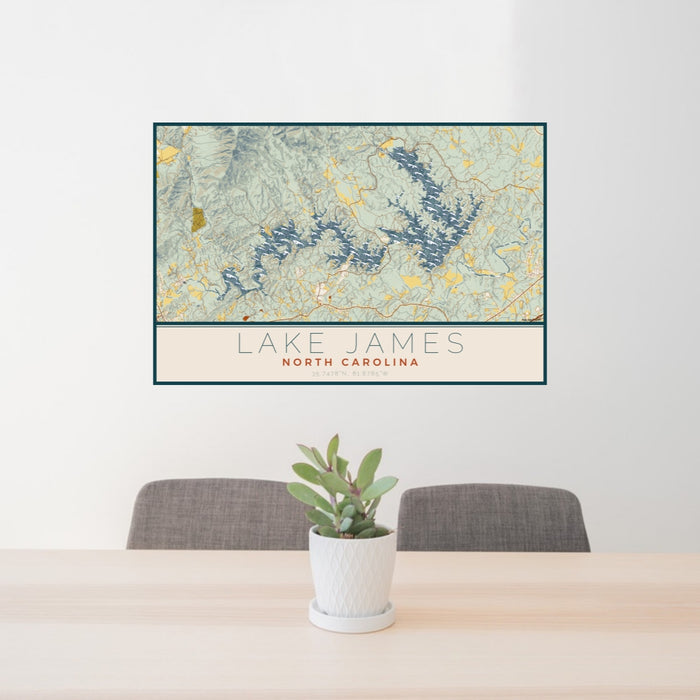 24x36 Lake James North Carolina Map Print Lanscape Orientation in Woodblock Style Behind 2 Chairs Table and Potted Plant