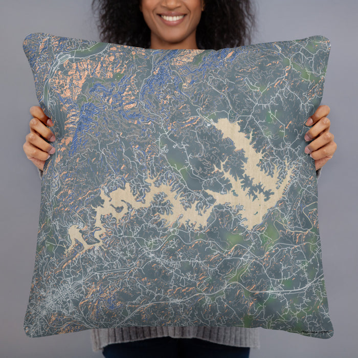 Person holding 22x22 Custom Lake James North Carolina Map Throw Pillow in Afternoon