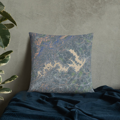 Custom Lake James North Carolina Map Throw Pillow in Afternoon on Bedding Against Wall