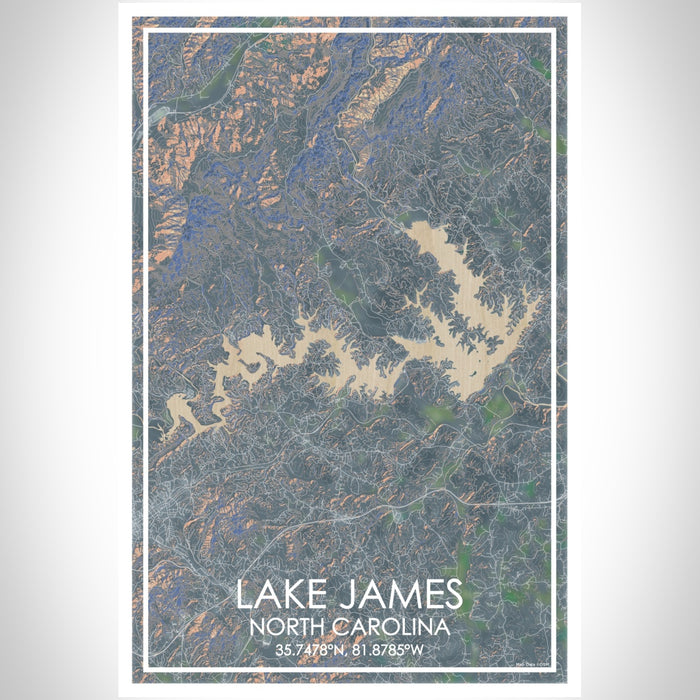 Lake James North Carolina Map Print Portrait Orientation in Afternoon Style With Shaded Background