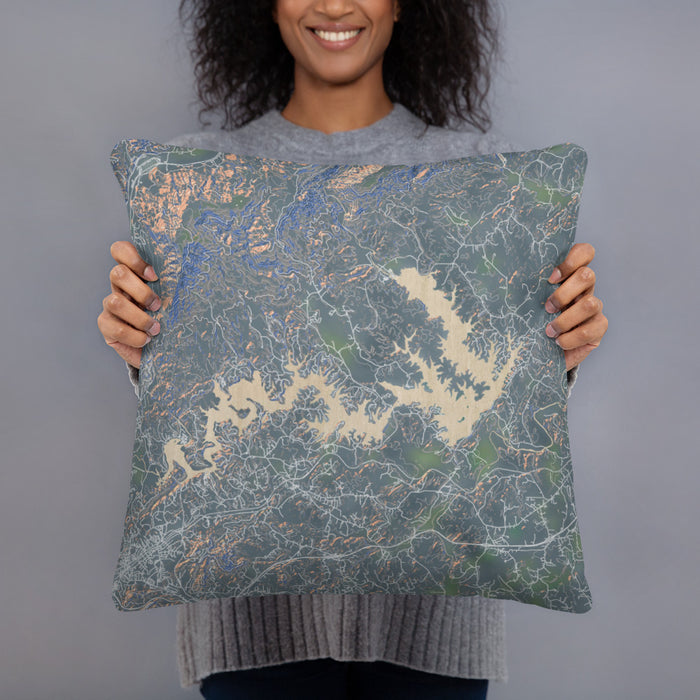Person holding 18x18 Custom Lake James North Carolina Map Throw Pillow in Afternoon