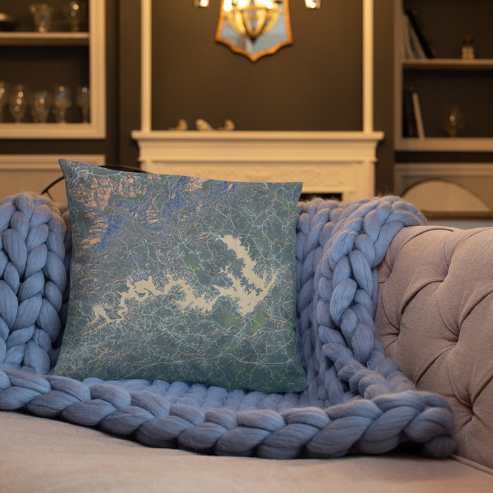 Custom Lake James North Carolina Map Throw Pillow in Afternoon on Cream Colored Couch