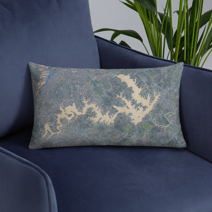 Custom Lake James North Carolina Map Throw Pillow in Afternoon on Blue Colored Chair