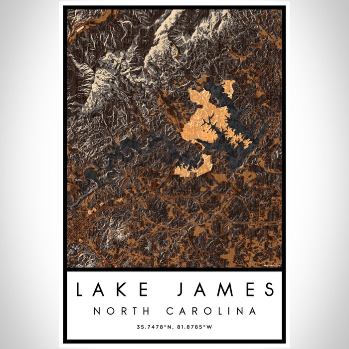 Lake James North Carolina Map Print Portrait Orientation in Ember Style With Shaded Background