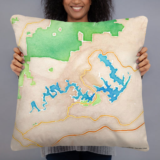 Person holding 22x22 Custom Lake James North Carolina Map Throw Pillow in Watercolor