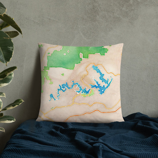 Custom Lake James North Carolina Map Throw Pillow in Watercolor on Bedding Against Wall