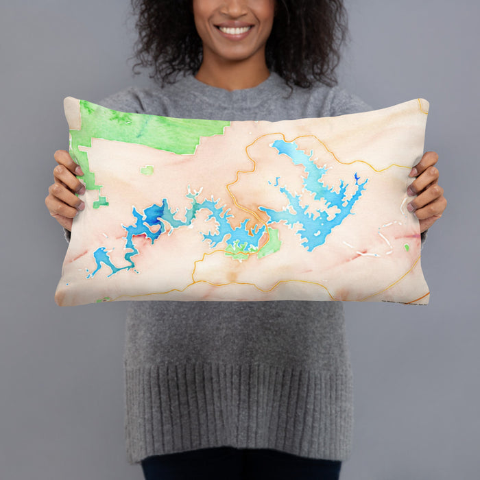Person holding 20x12 Custom Lake James North Carolina Map Throw Pillow in Watercolor