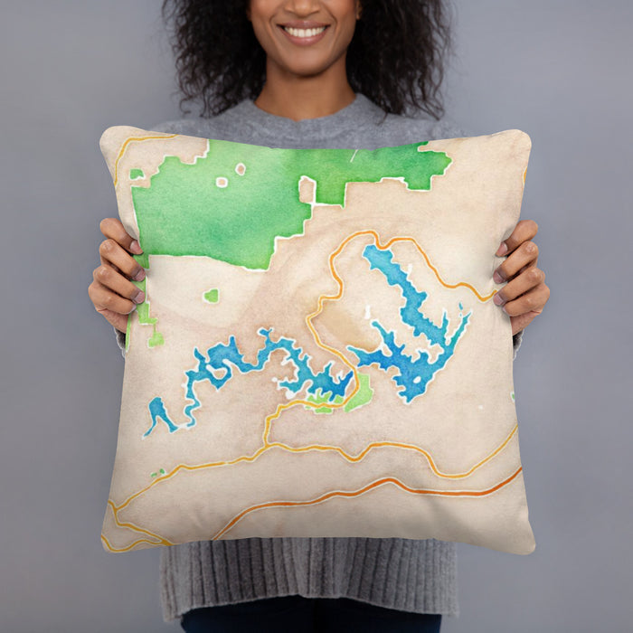 Person holding 18x18 Custom Lake James North Carolina Map Throw Pillow in Watercolor