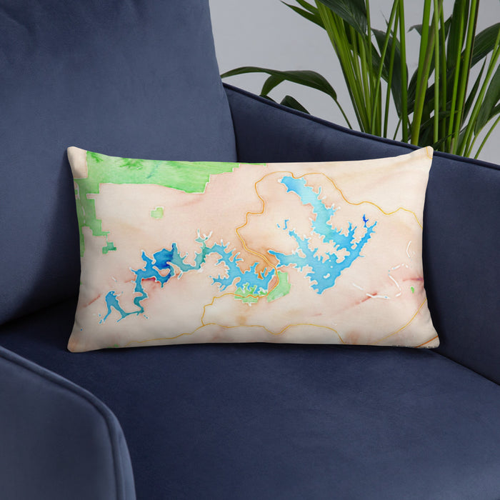 Custom Lake James North Carolina Map Throw Pillow in Watercolor on Blue Colored Chair