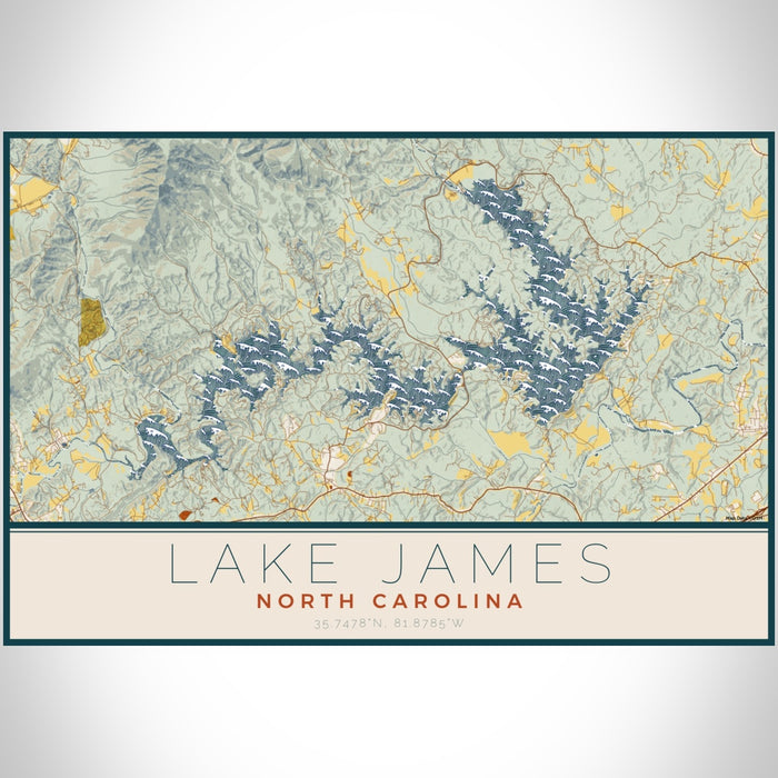 Lake James North Carolina Map Print Landscape Orientation in Woodblock Style With Shaded Background