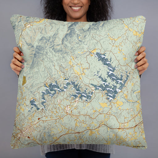 Person holding 22x22 Custom Lake James North Carolina Map Throw Pillow in Woodblock