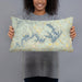 Person holding 20x12 Custom Lake James North Carolina Map Throw Pillow in Woodblock
