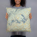 Person holding 18x18 Custom Lake James North Carolina Map Throw Pillow in Woodblock