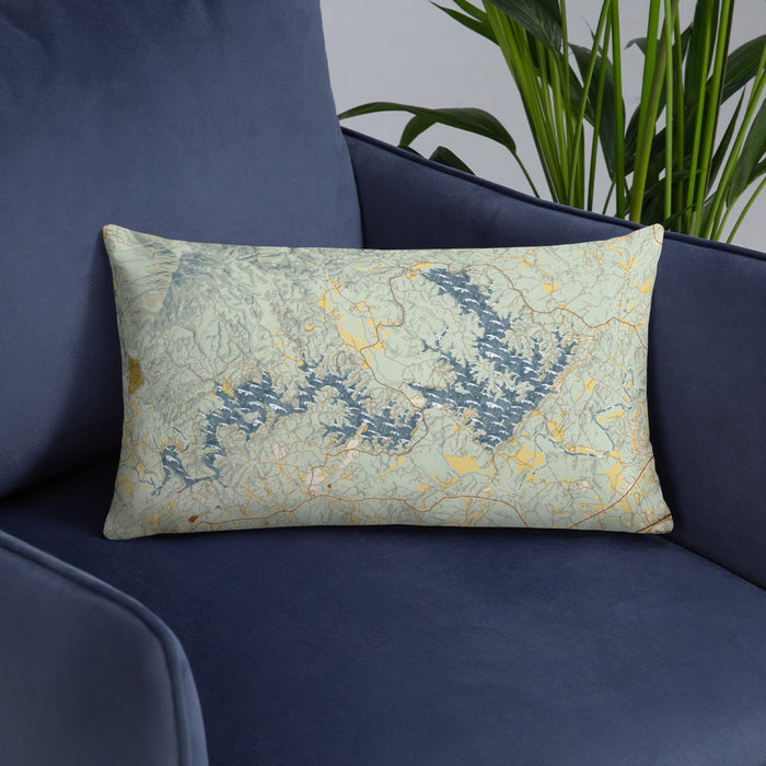 Custom Lake James North Carolina Map Throw Pillow in Woodblock on Blue Colored Chair