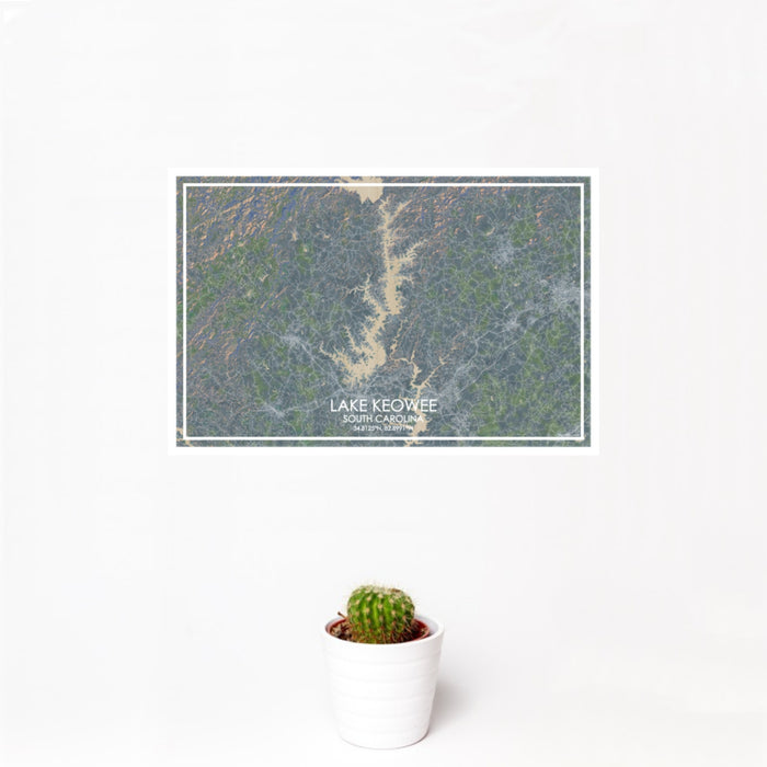 12x18 Lake Keowee South Carolina Map Print Landscape Orientation in Afternoon Style With Small Cactus Plant in White Planter