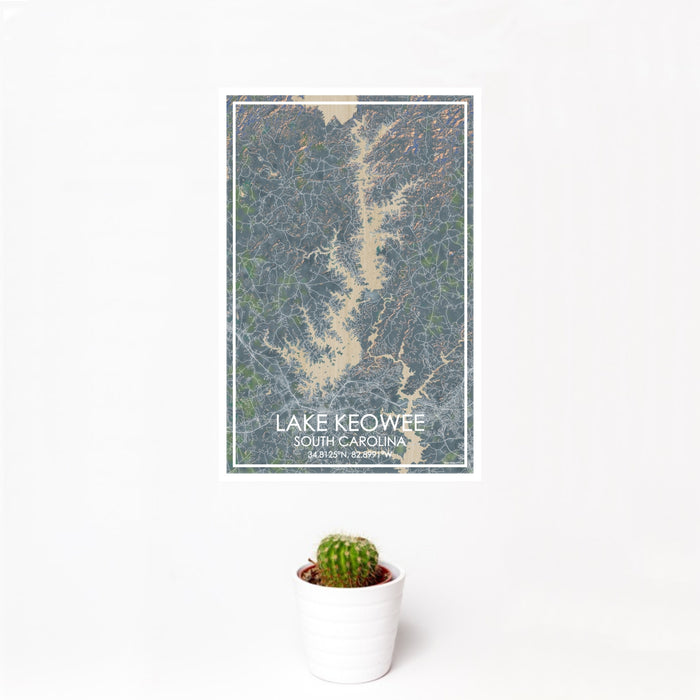12x18 Lake Keowee South Carolina Map Print Portrait Orientation in Afternoon Style With Small Cactus Plant in White Planter