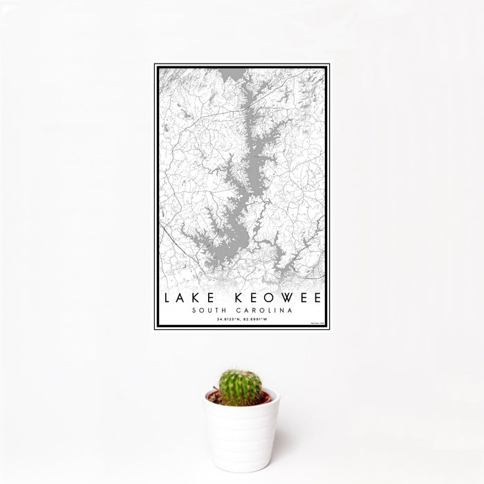 12x18 Lake Keowee South Carolina Map Print Portrait Orientation in Classic Style With Small Cactus Plant in White Planter