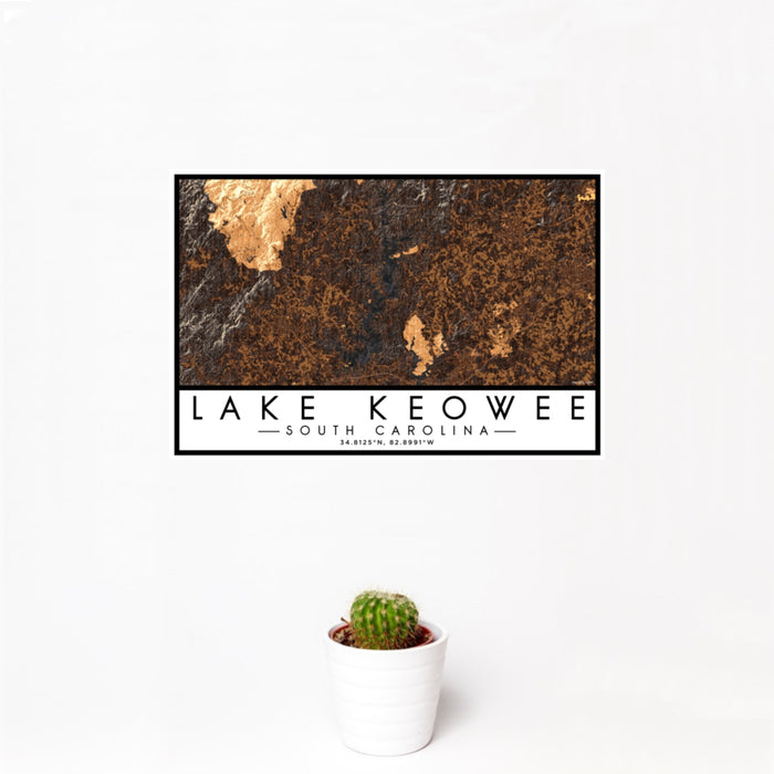 12x18 Lake Keowee South Carolina Map Print Landscape Orientation in Ember Style With Small Cactus Plant in White Planter