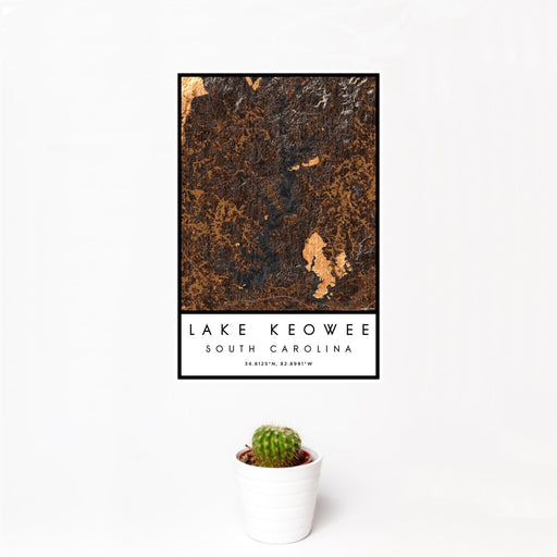12x18 Lake Keowee South Carolina Map Print Portrait Orientation in Ember Style With Small Cactus Plant in White Planter