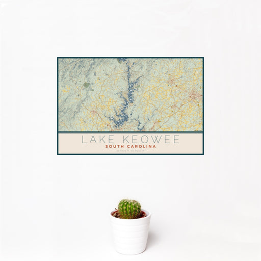 12x18 Lake Keowee South Carolina Map Print Landscape Orientation in Woodblock Style With Small Cactus Plant in White Planter