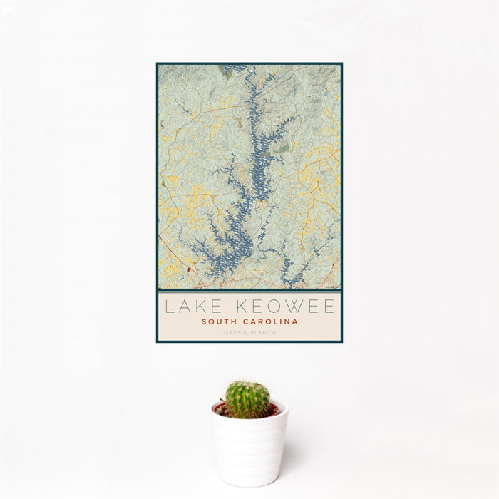 12x18 Lake Keowee South Carolina Map Print Portrait Orientation in Woodblock Style With Small Cactus Plant in White Planter