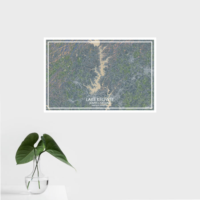 16x24 Lake Keowee South Carolina Map Print Landscape Orientation in Afternoon Style With Tropical Plant Leaves in Water