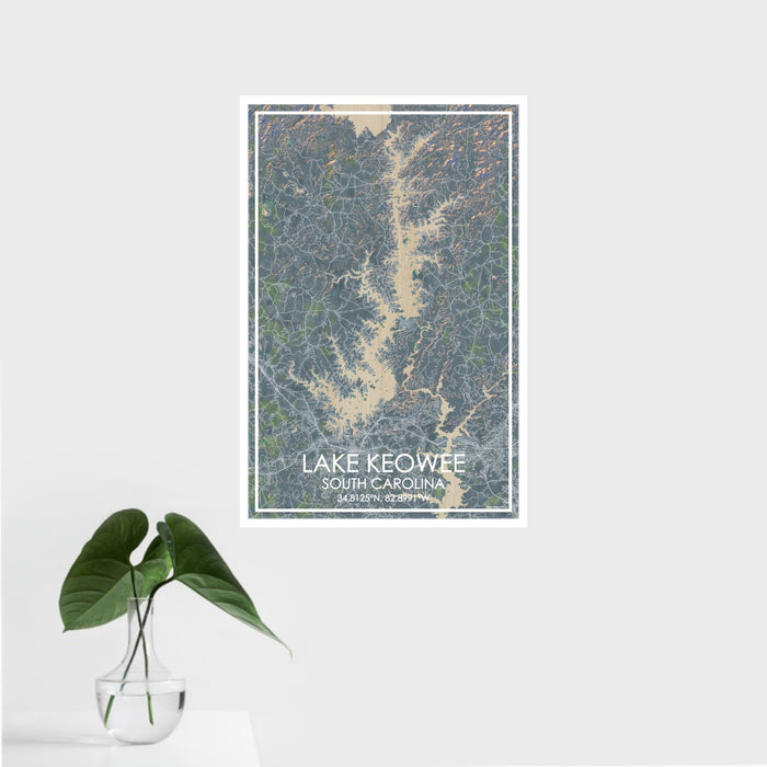 16x24 Lake Keowee South Carolina Map Print Portrait Orientation in Afternoon Style With Tropical Plant Leaves in Water
