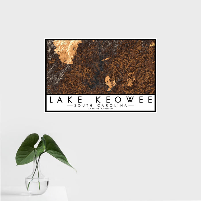 16x24 Lake Keowee South Carolina Map Print Landscape Orientation in Ember Style With Tropical Plant Leaves in Water