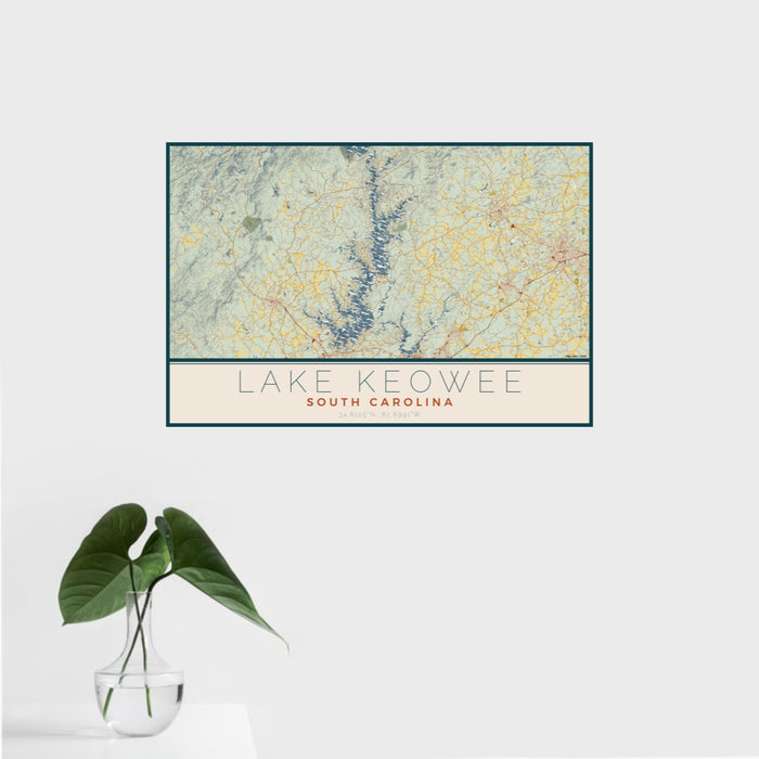 16x24 Lake Keowee South Carolina Map Print Landscape Orientation in Woodblock Style With Tropical Plant Leaves in Water