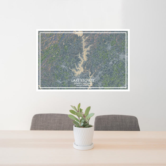 24x36 Lake Keowee South Carolina Map Print Lanscape Orientation in Afternoon Style Behind 2 Chairs Table and Potted Plant