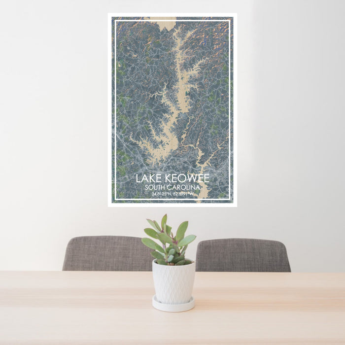 24x36 Lake Keowee South Carolina Map Print Portrait Orientation in Afternoon Style Behind 2 Chairs Table and Potted Plant