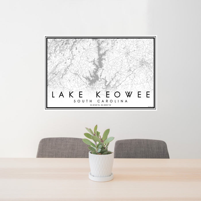 24x36 Lake Keowee South Carolina Map Print Lanscape Orientation in Classic Style Behind 2 Chairs Table and Potted Plant