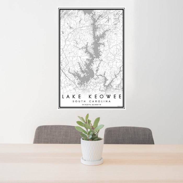 24x36 Lake Keowee South Carolina Map Print Portrait Orientation in Classic Style Behind 2 Chairs Table and Potted Plant