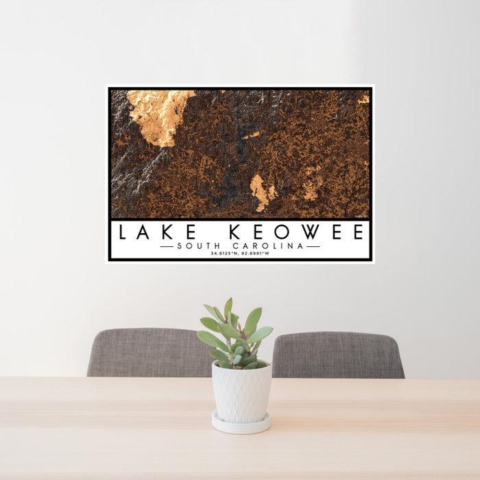24x36 Lake Keowee South Carolina Map Print Lanscape Orientation in Ember Style Behind 2 Chairs Table and Potted Plant