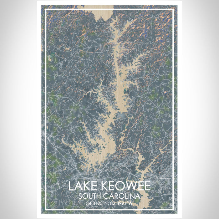 Lake Keowee South Carolina Map Print Portrait Orientation in Afternoon Style With Shaded Background