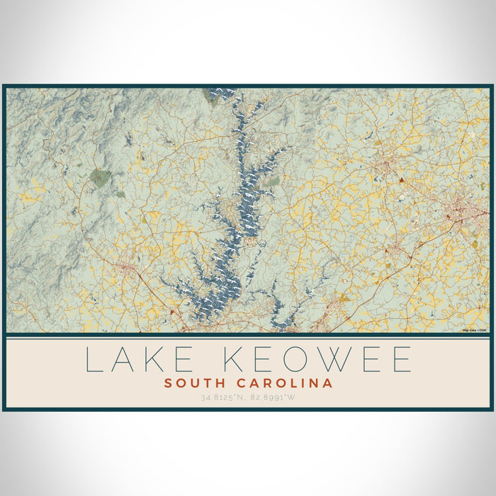 Lake Keowee South Carolina Map Print Landscape Orientation in Woodblock Style With Shaded Background