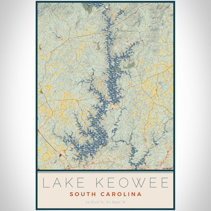 Lake Keowee South Carolina Map Print Portrait Orientation in Woodblock Style With Shaded Background