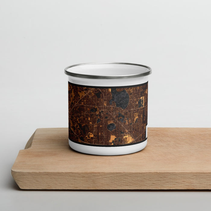 Front View Custom Lakeland Florida Map Enamel Mug in Ember on Cutting Board