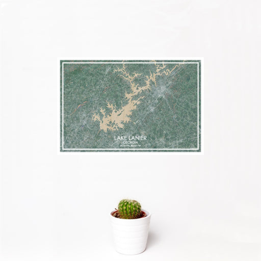 12x18 Lake Lanier Georgia Map Print Landscape Orientation in Afternoon Style With Small Cactus Plant in White Planter