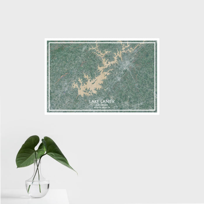 16x24 Lake Lanier Georgia Map Print Landscape Orientation in Afternoon Style With Tropical Plant Leaves in Water