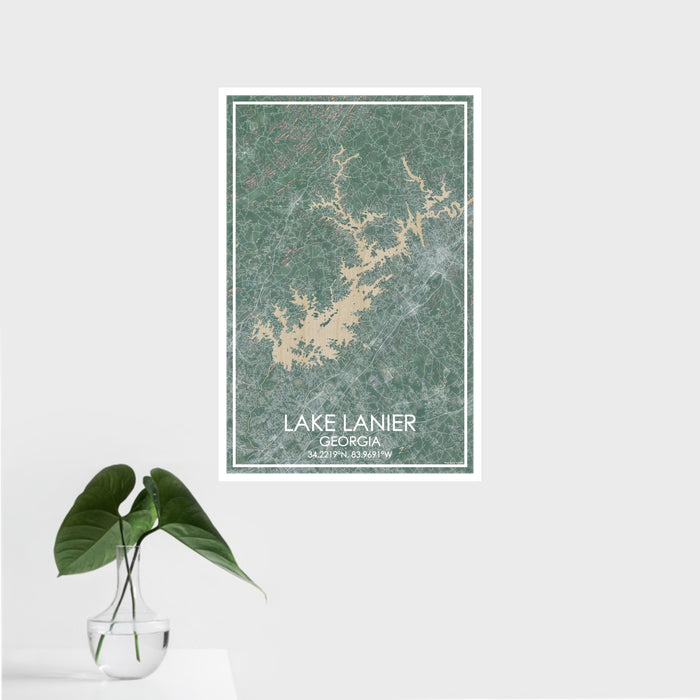16x24 Lake Lanier Georgia Map Print Portrait Orientation in Afternoon Style With Tropical Plant Leaves in Water